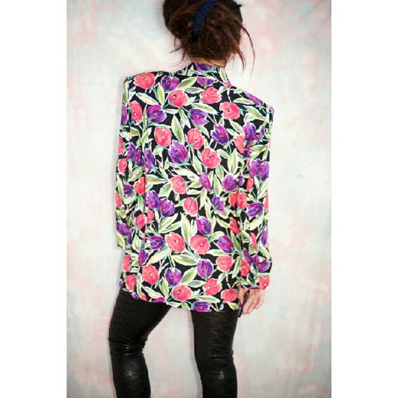 VTG Norton McNaughton Blazer Women Open Front tulip Floral Jacket Shoulder Pad - Picture 4 of 9
